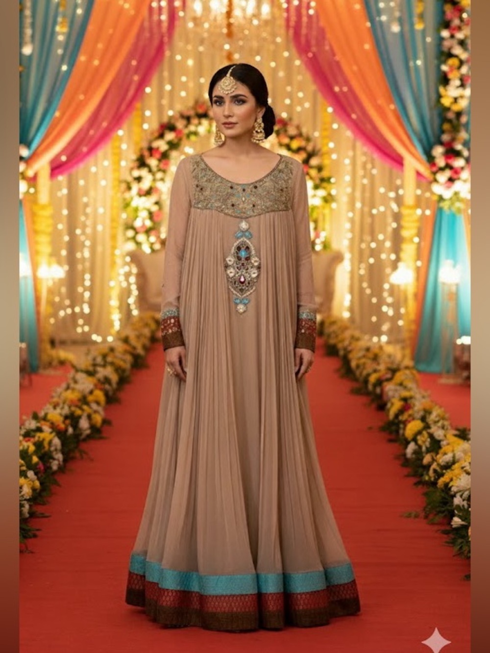 Embellished Taupe Maxi Dress Pakistani Indian Evening Shaadi Shalwar Kameez